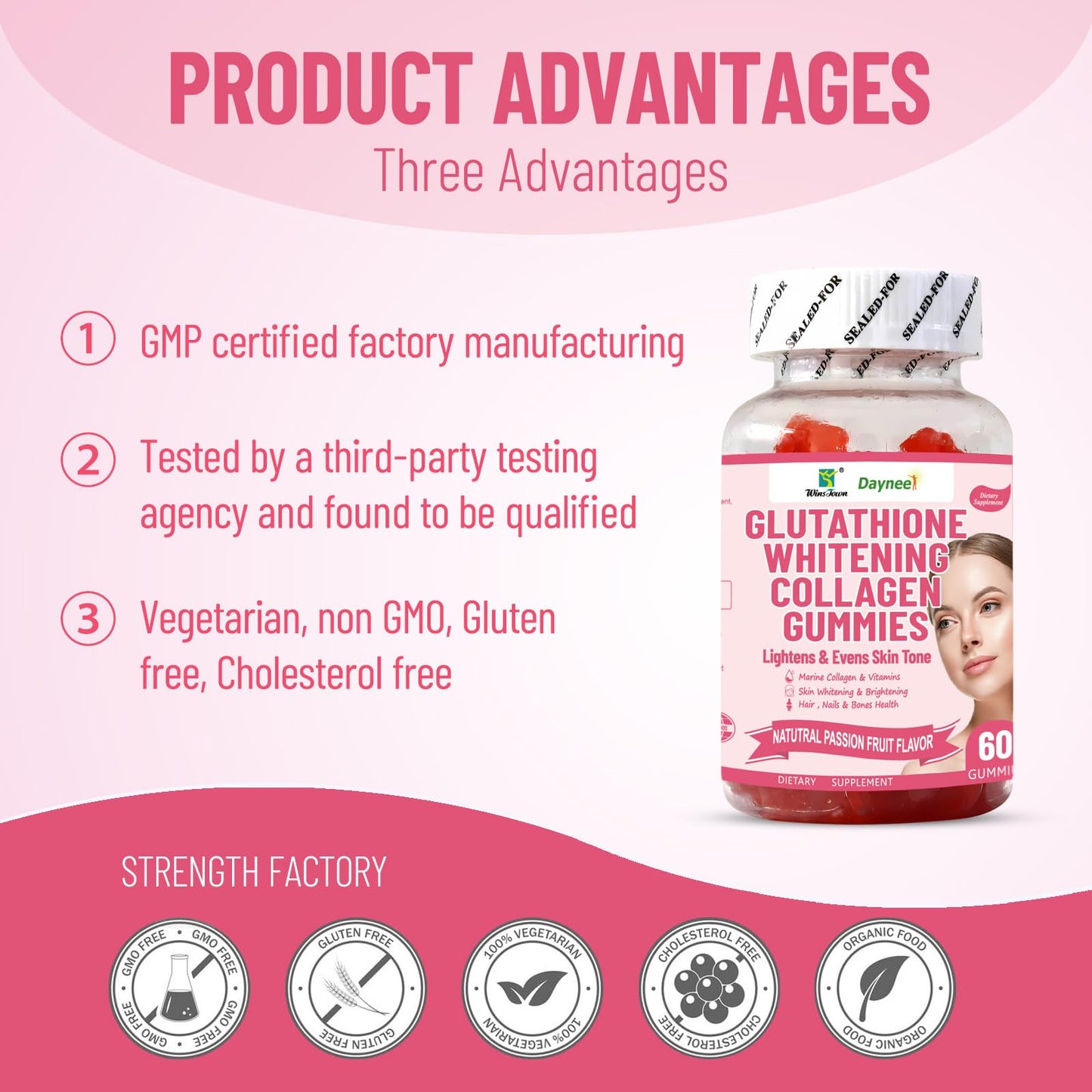 Wins Town Glutathione Whitening Collagen Gummies, 60 Count