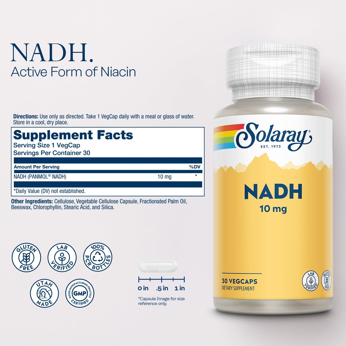 Solaray NADH 10 mg - Active Form of Niacin (Reduced NAD) - Cofactor in Cellular Energy Pathways, Lab Verified, Gluten Free, 60-Day Guarantee, 30 Capsules