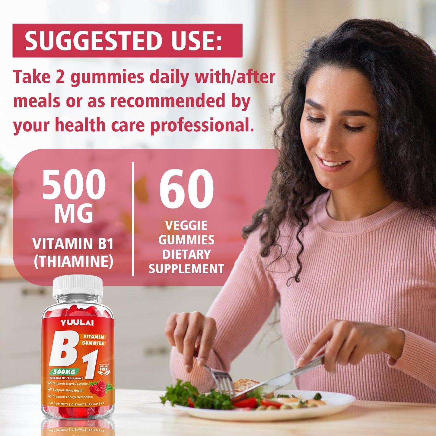 YUULAI Vitamin B1 Gummies 500mg, 60 Count
