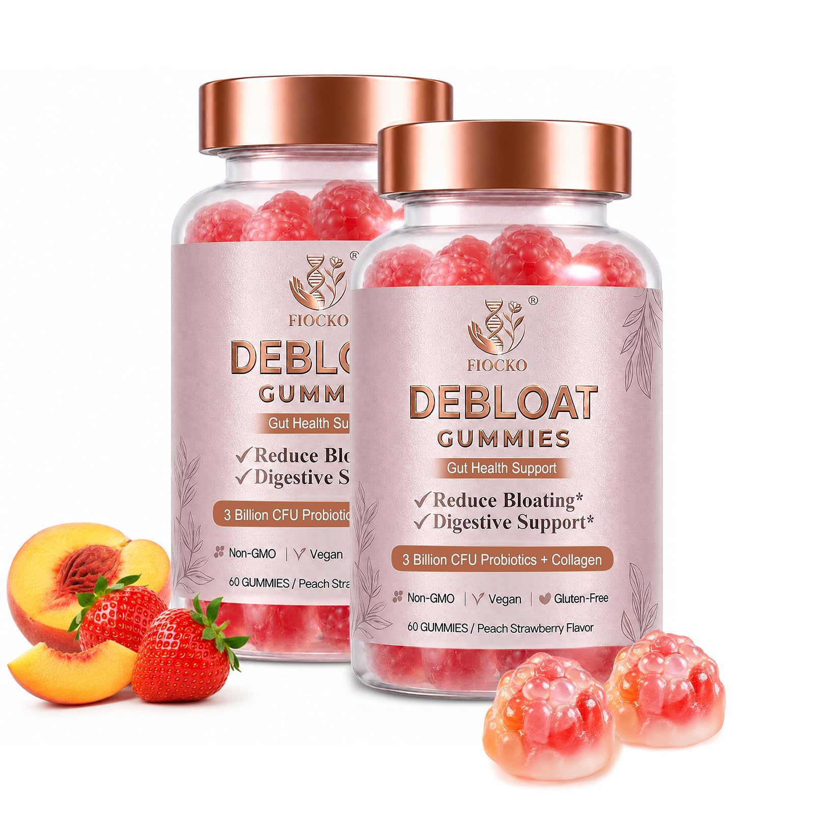 fiocko Probiotics for Women Gummies Debloat with Prebiotic Fiber & Apple Cider Vinegar for Gut Health, Vitamin C & Biotin for Skin & Hair Support, Peach Strawberry, 120 Count