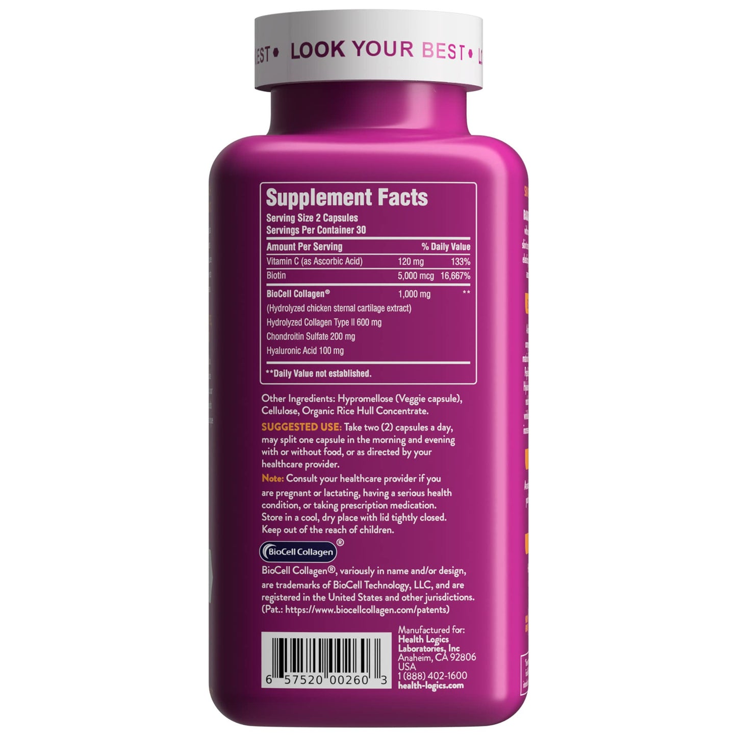 Health Logics Radiate Hair Skin & Nails with Biotin, BioCell Collagen, Vitamin C, Hyaluronic Acid Capsules, 60 Count