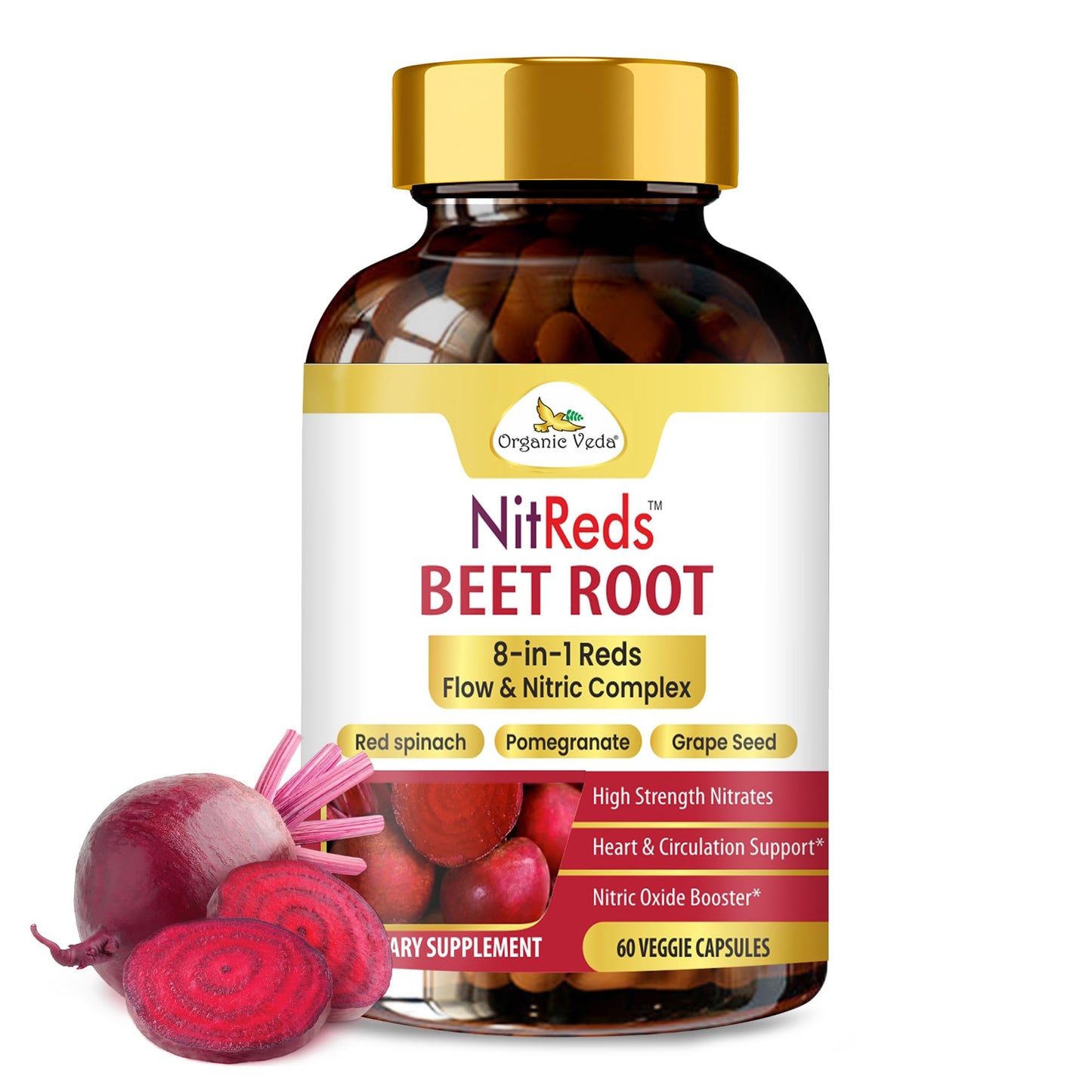 Organic Veda NitReds Beet Root Nitric Oxide Supplement, Nitrates Complex from Grape Seed & Pomegranate, Red Spinach & Beets for Heart Health - Flow & Circulation Super Reds for Men & Women, 60 Tablets