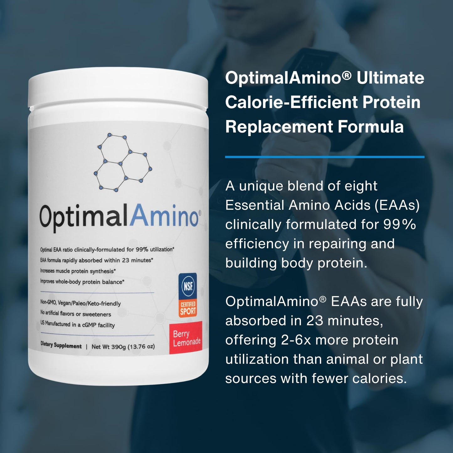 OptimalAmino Best Pre/Post Workout Recovery Drink Essential Amino Acid Supplement Powder, 13.76 Oz