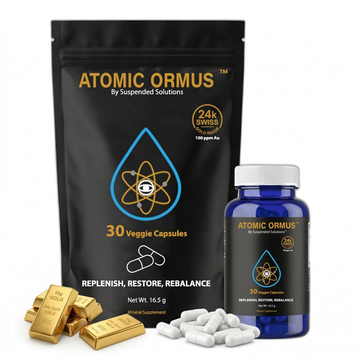Suspended Solutions Atomic Ormus Capsules Monoatomic 24k Gold Inside – 24k Gold Platinum Iridium ORMUS, Energetically Enhanced, Memory, Energy, Stamina & Vitality, Vegan Supplement, 30 Capsules
