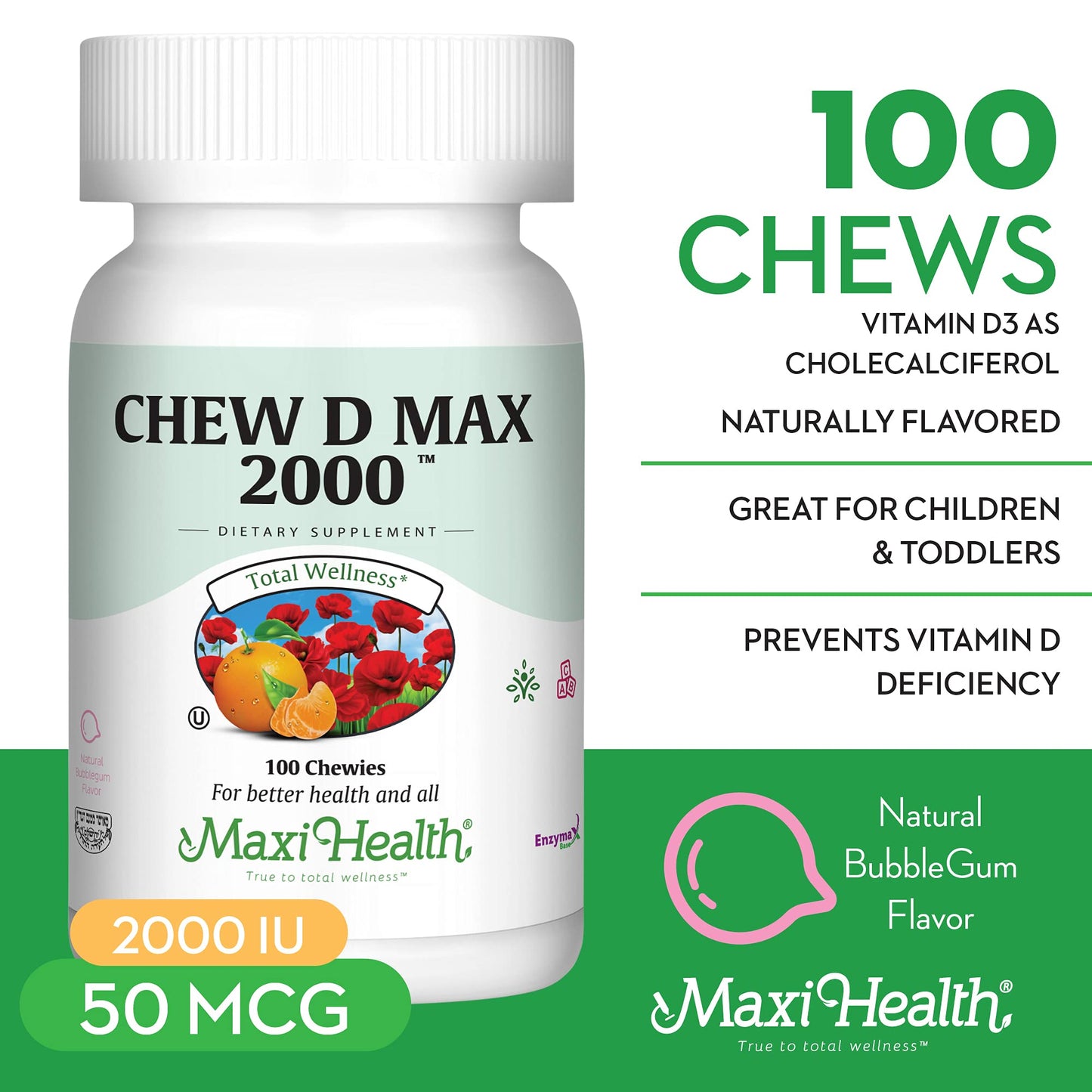 Maxi Health Chewable Vitamin D3 2000 IU Supplement - 100 Count