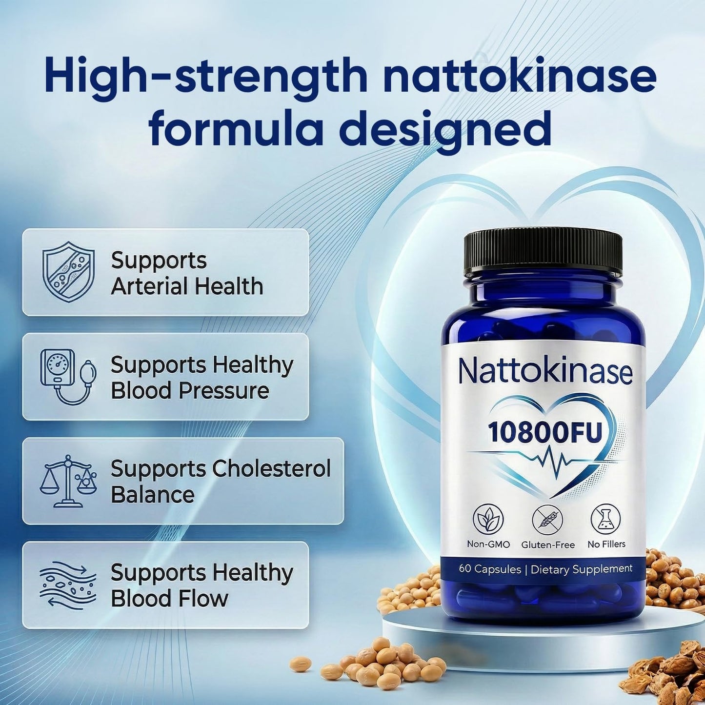 ZRRTXV Nattokinase 10800 FU Ultimate Nattokinase Supplement Organic Natural Support Heart Health Vegan Gluten Free Capsules 60 Count