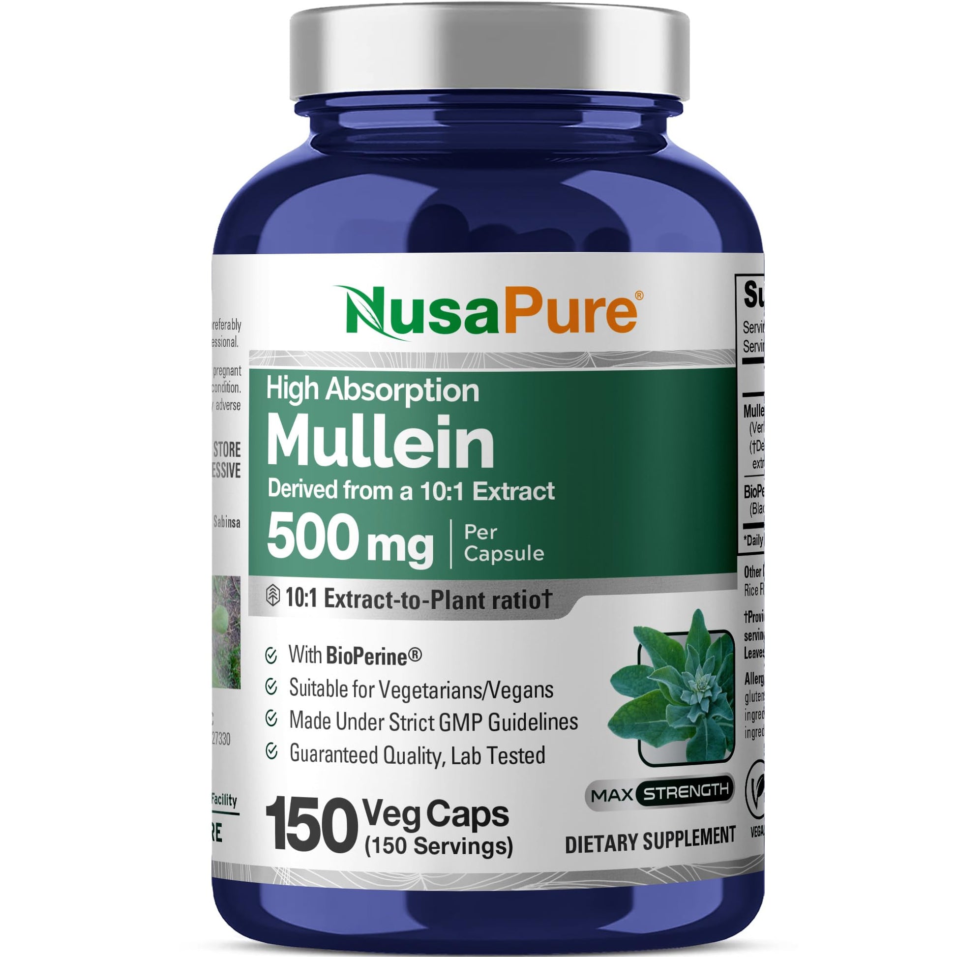 NusaPure Mullein Leaf Capsules 150 Count