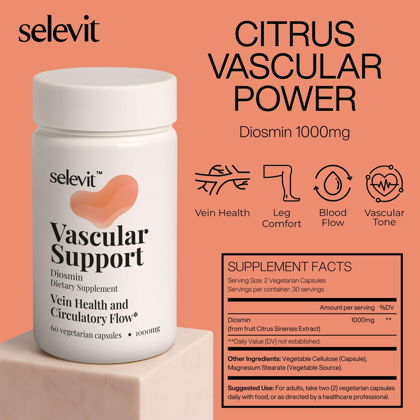 Selevit Diosmin 1000mg Vascular Support Citrus-Derived for Circulatory Health, 60 Capsules