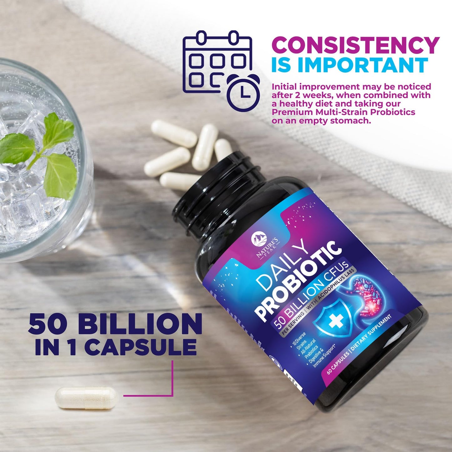 Nature's Peak Probiotics 50 Billion CFU Per Capsule, 10 Premium Strains + Digestive Enzymes & Prebiotics, Supports Immune & Gut Health, 60 Capsules