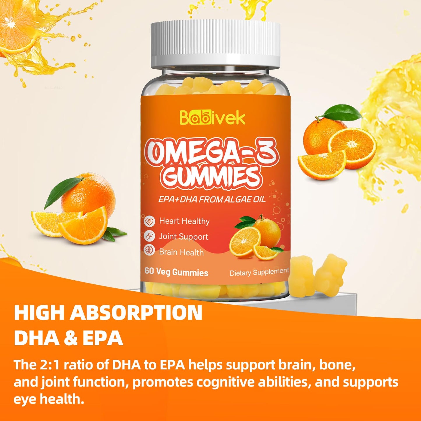 Babivek Omega-3 Gummies Vegan 1200mg EPA and DHA, 120 Count