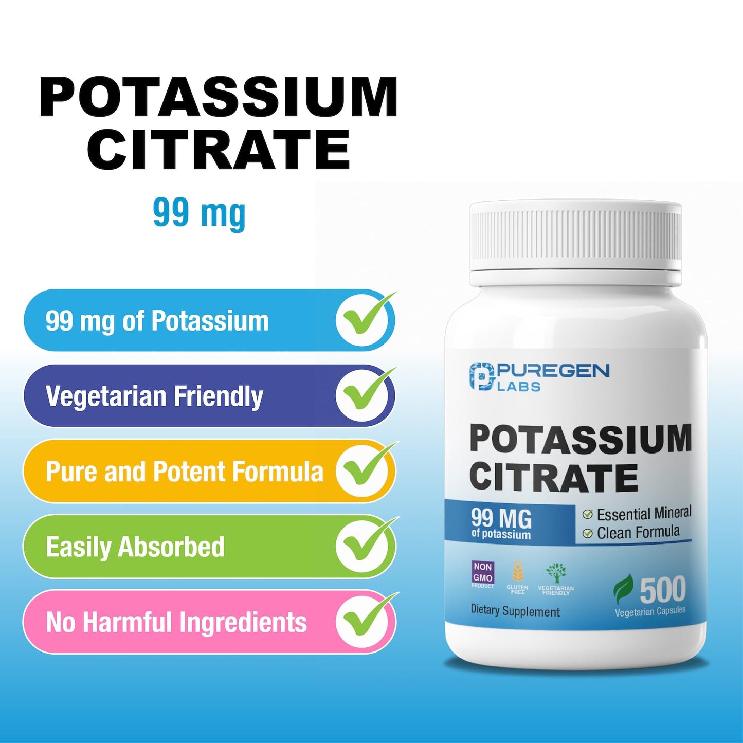 P Puregen Labs Potassium Citrate 99 mg Elemental Potassium Supplement Capsules, 500 Count
