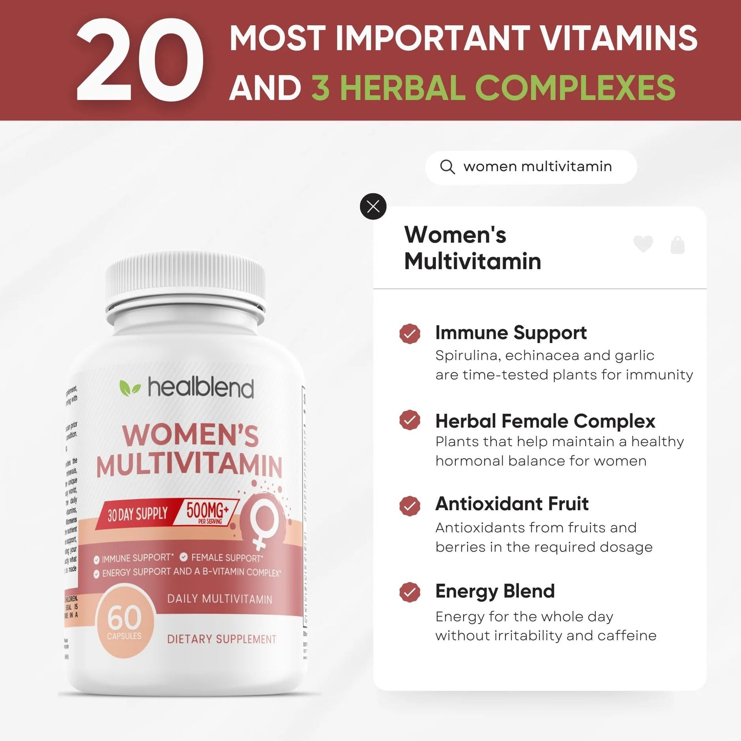 Healblend Women's Multivitamin with Biotin (Without Iron), 60 Capsules