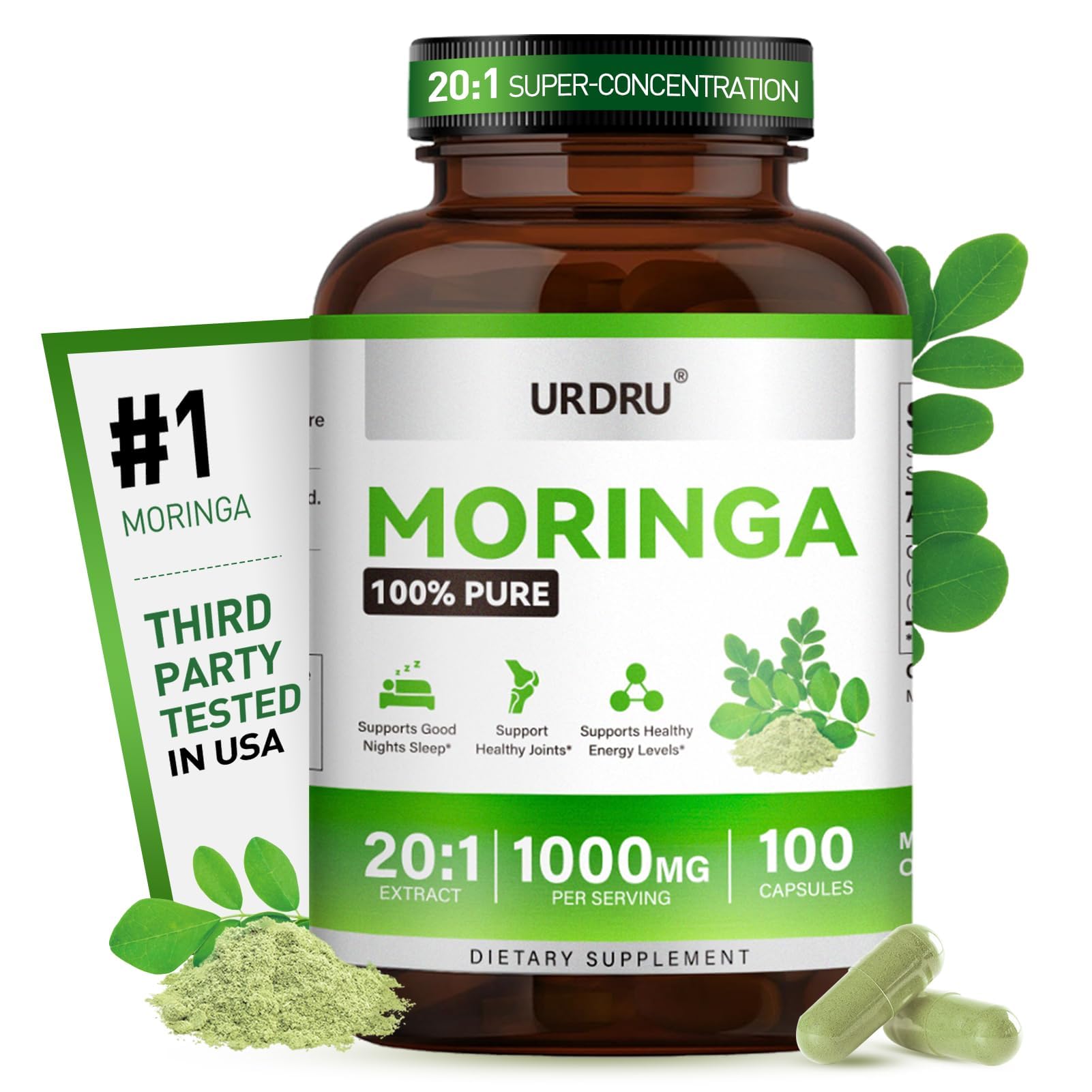 URDRU Moringa Capsules 1000mg per Serving, 100 Capsules