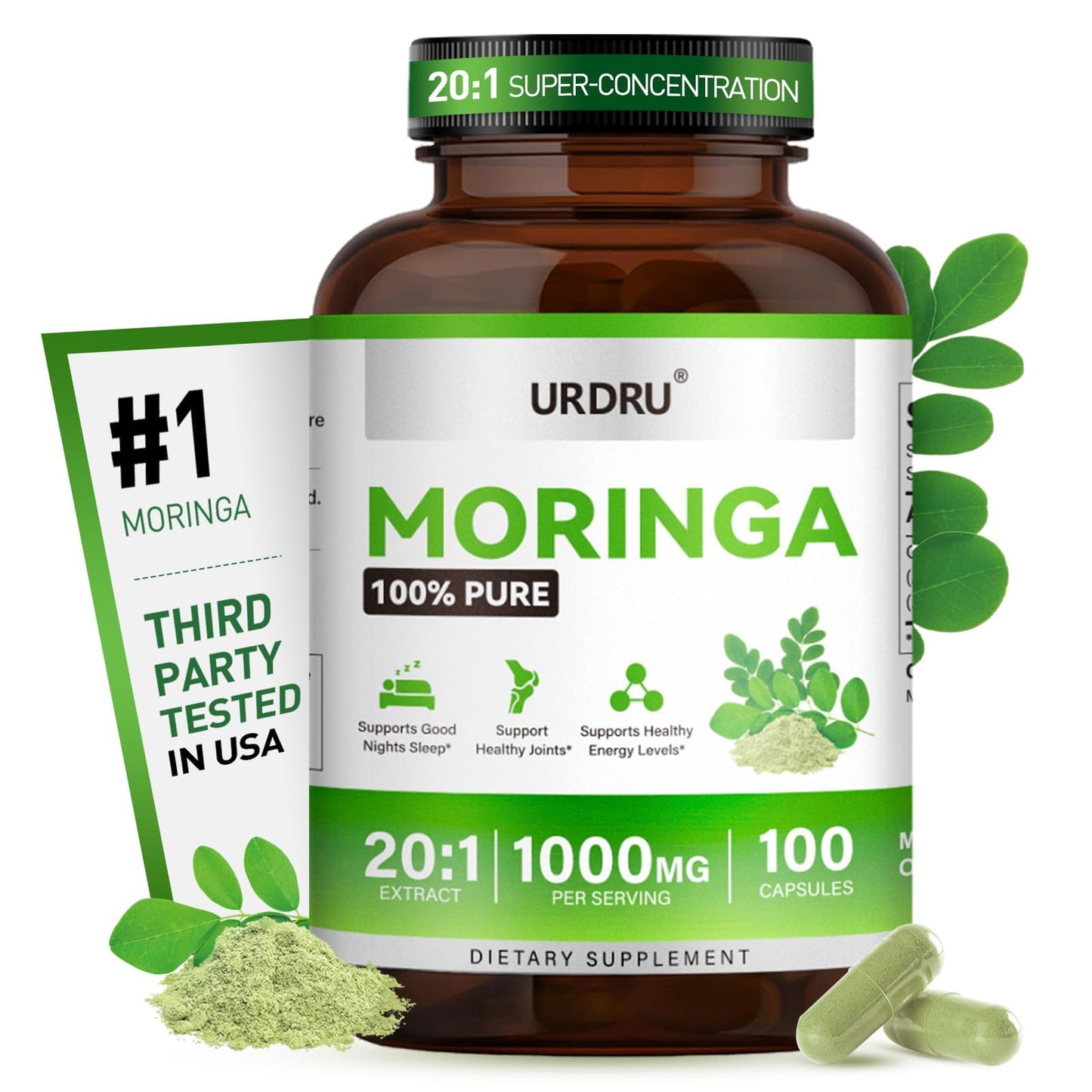 URDRU Moringa Capsules 1000mg per Serving, Moringa Oleifera Leaf Extract 20:1, Plant-Based Supplement for Energy & Daily Wellness Support, 100 Capsules