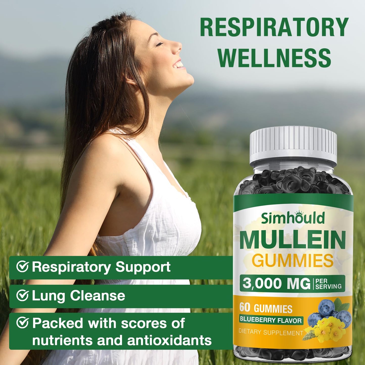 Simhould Mullein Gummies Sugar Free 3000MG Gummy 1 Pack