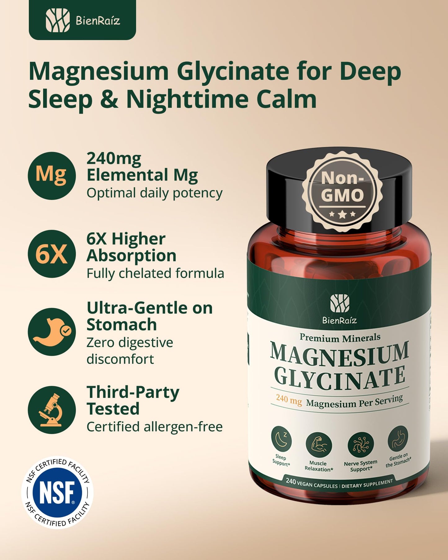 BienRaíz Magnesium Glycinate Supplement Capsules 240 Count