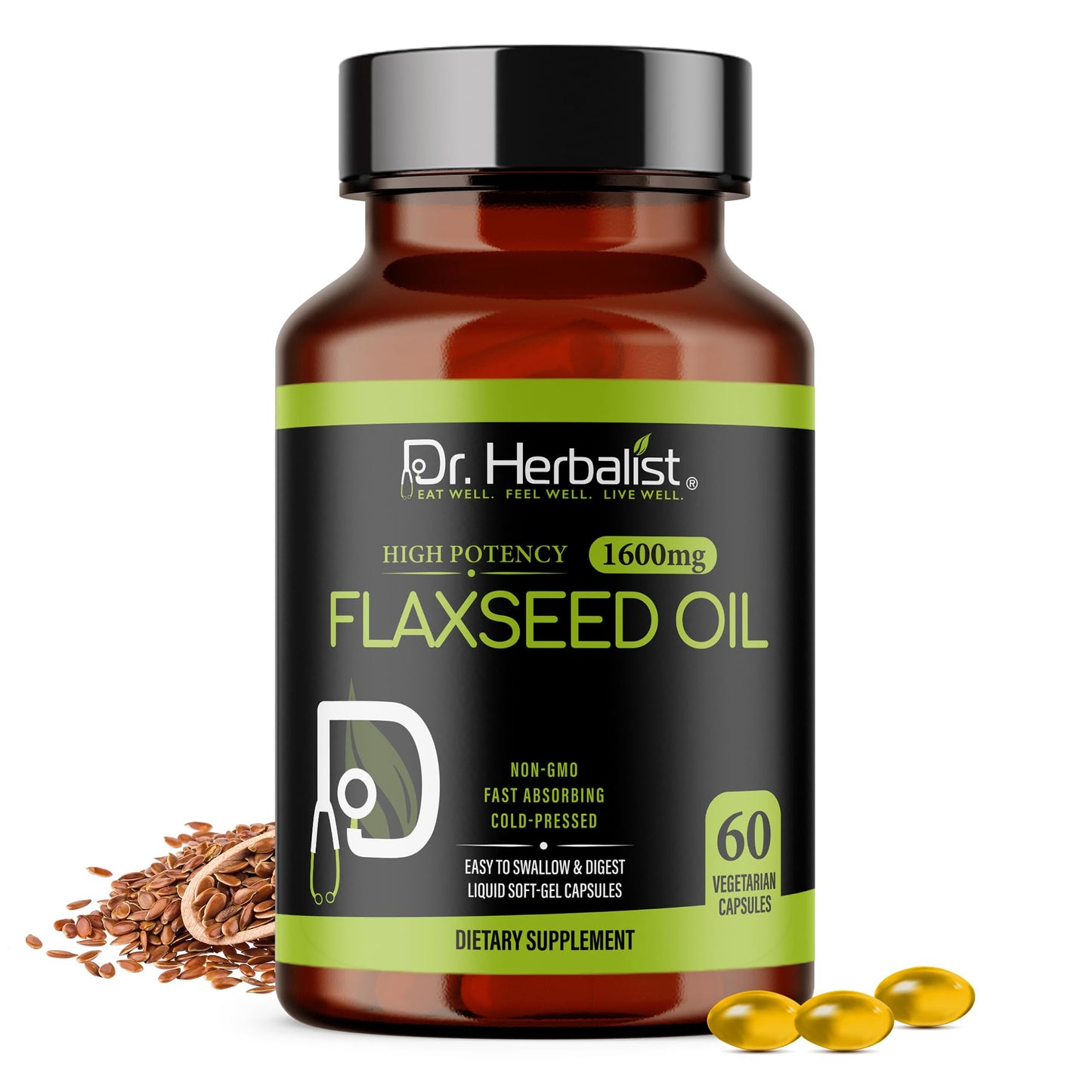 Dr. HERBALIST Flaxseed Oil Softgels 1600mg, Fish Free Omega 3, Halal Capsules, 60 Count