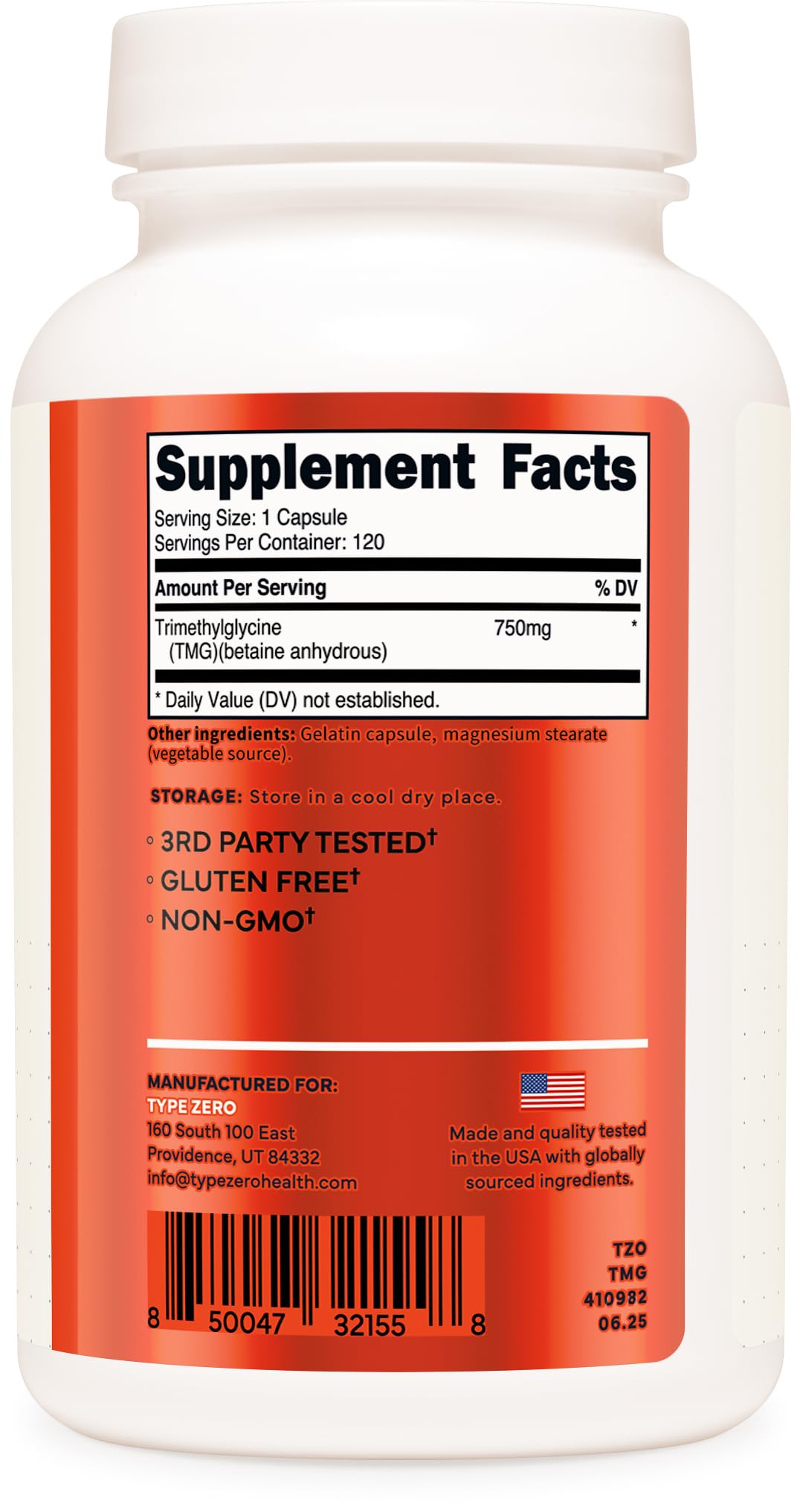 Type Zero Clean TMG (Trimethylglycine) 750mg Capsules, 120 Count
