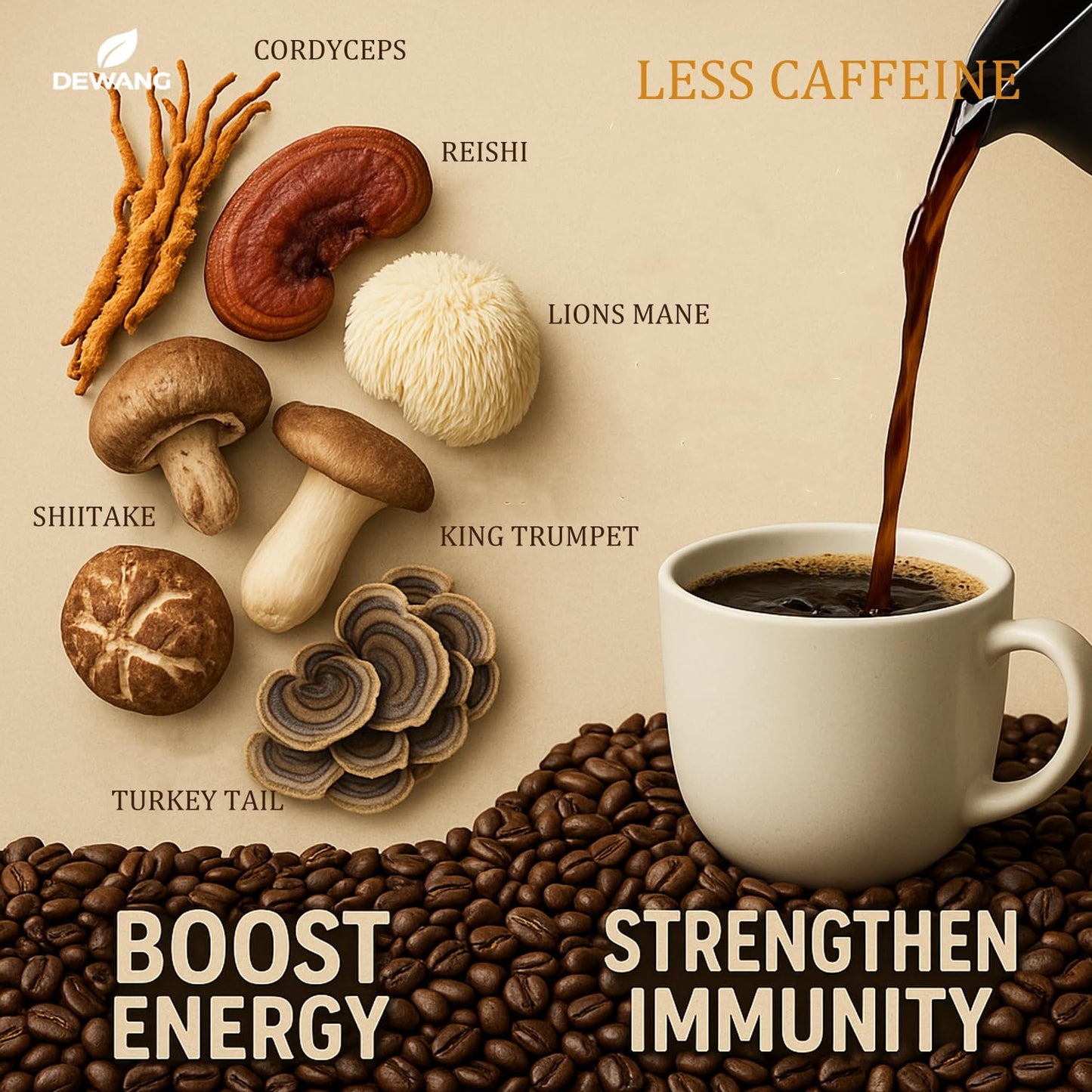 DEWANG Mushroom Coffee 6-Mushroom Instant Blend Powder with Lion’s Mane, Cordyceps, Reishi, King Trumpet, Shiitake & Turkey Tail, 6.35 Ounce