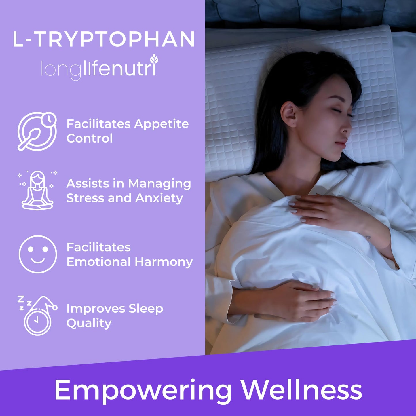 LongLifeNutri L-Tryptophan 500mg Capsules, 180 Count