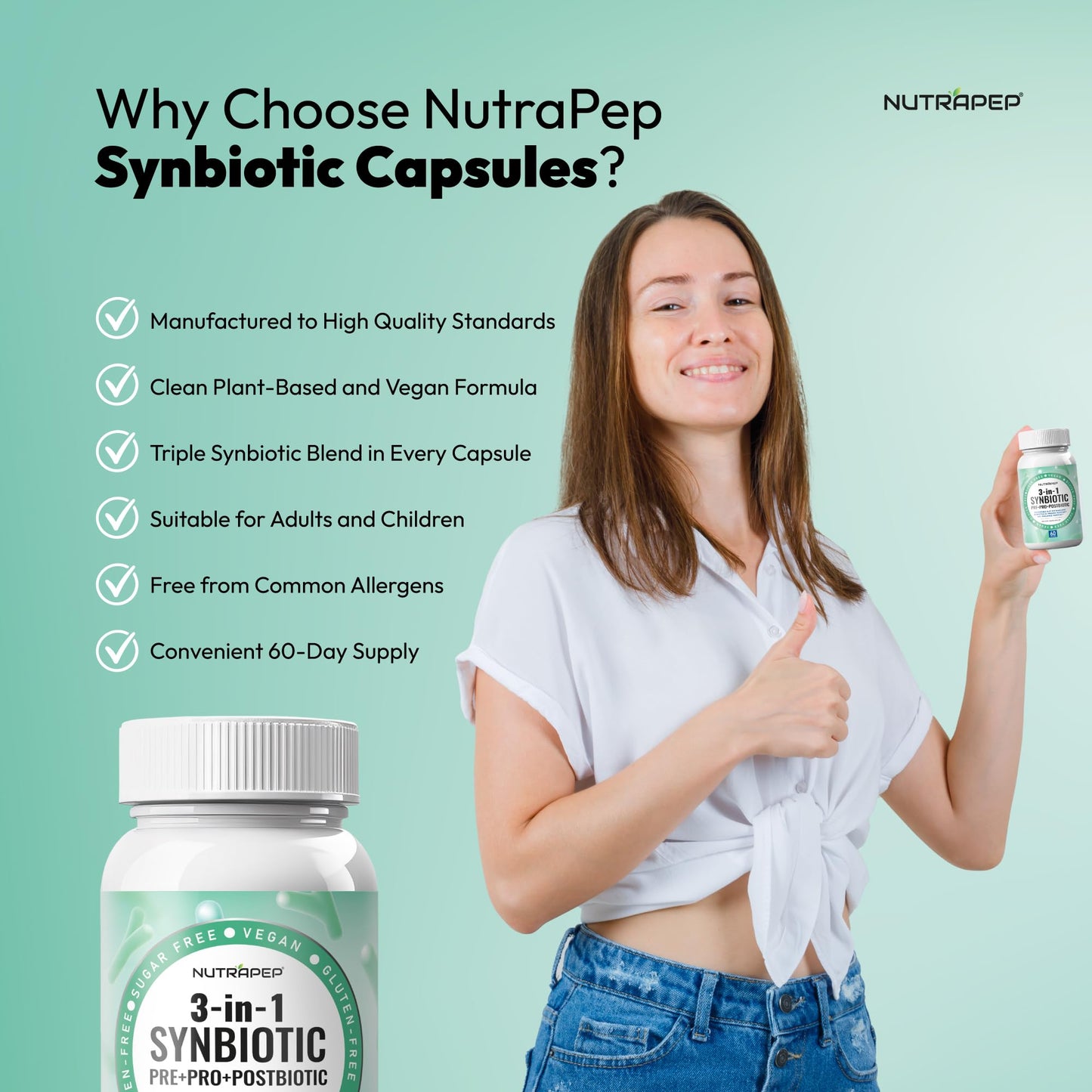 NutraPep Synbiotics Probiotic Prebiotic Postbiotic Capsule 60 Count