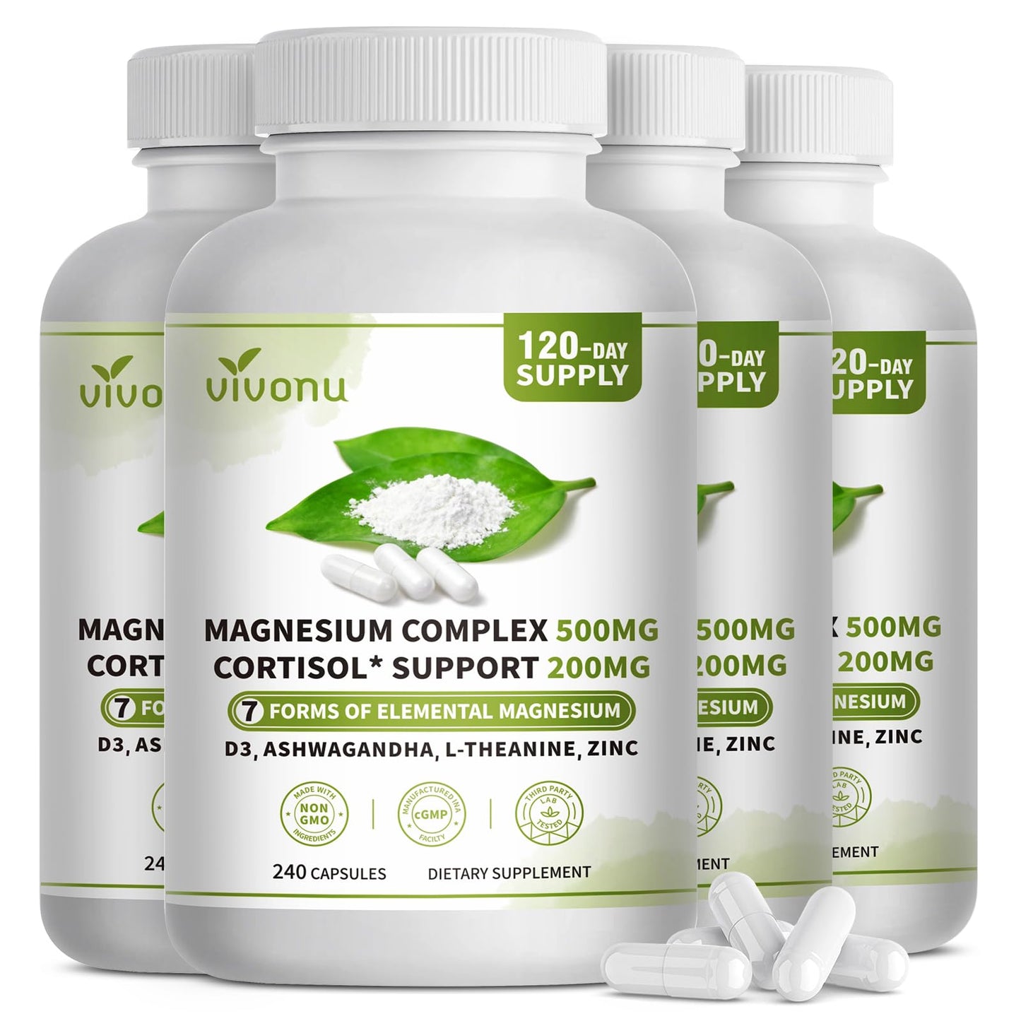 VivoNu Magnesium Complex for Women & Men with Cortisol Support, D3, Zinc, 7 Forms Magnesium Supplement Capsules, 960 Capsules