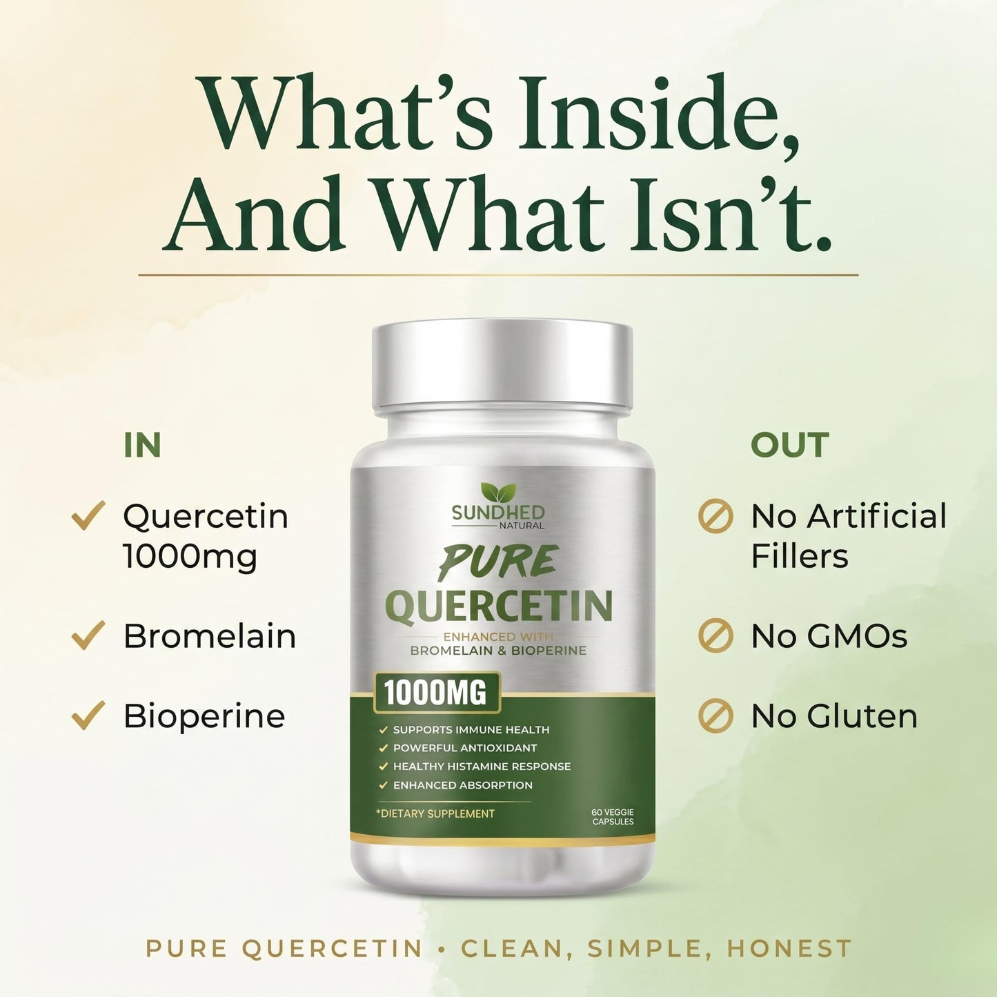 Sundhed Natural Pure Quercetin with Bromelain and Bioperine - Antioxidant Support, Extra Strong Formula with 1000mg, 60 Capsules