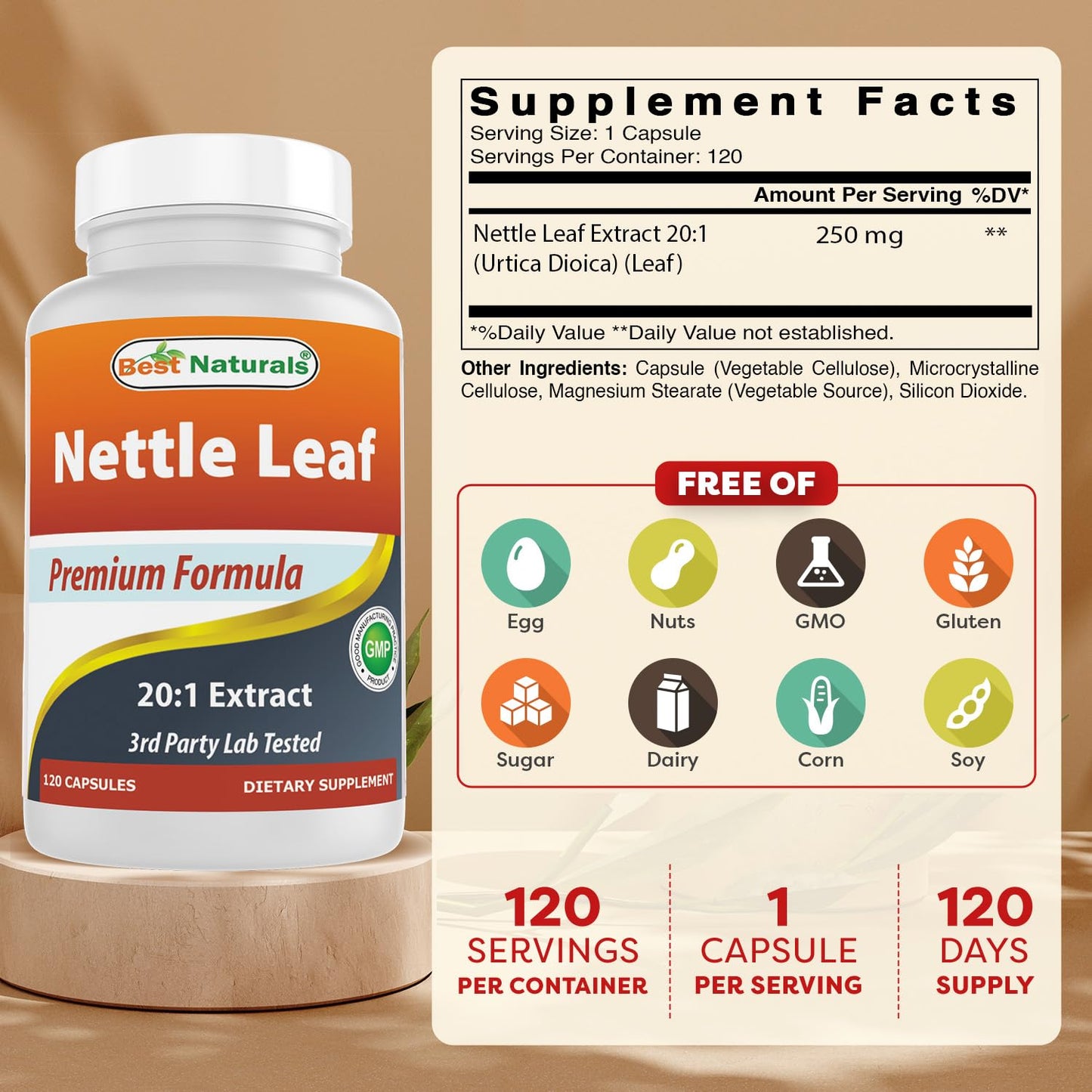 Best Naturals Nettle Leaf 20:1 Extract (250 mg) Capsule, 120 Count