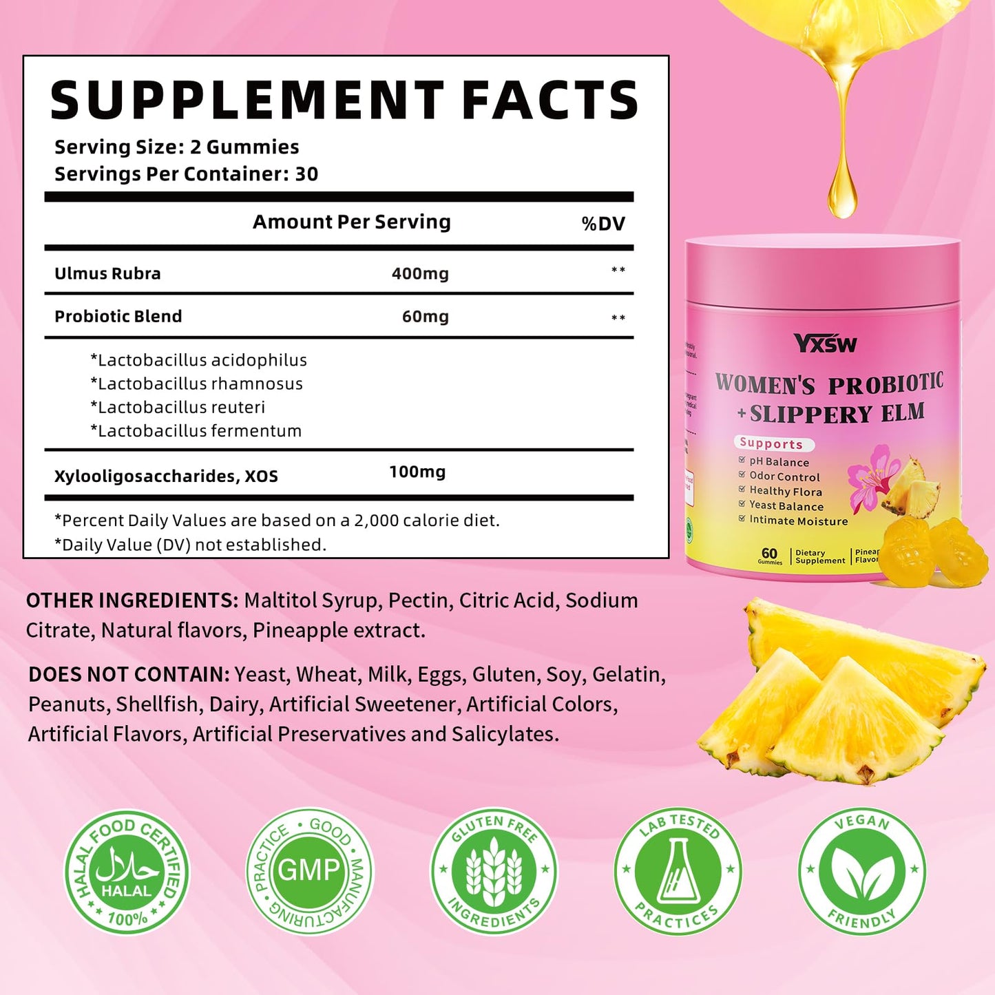 YXSW Women's Probiotics Slippery Elm Gummy 60 Count
