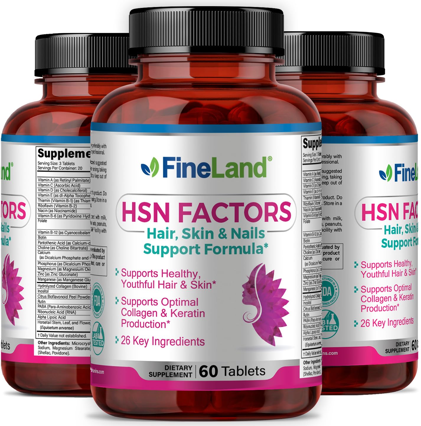 FineLand HSN Factors Hair Skin and Nails Support Formula – High Potency 10,000 mcg Biotin with Hydrolyzed Collagen & 26 Key Ingredients – Supports Natural Keratin Production & Radiant Skin Tablets, 60 Count