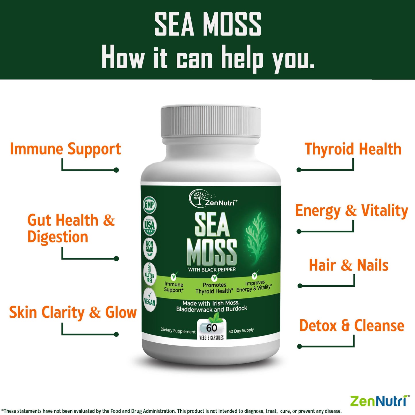 ZenNutri Organic Sea Moss Capsules, 60 Count