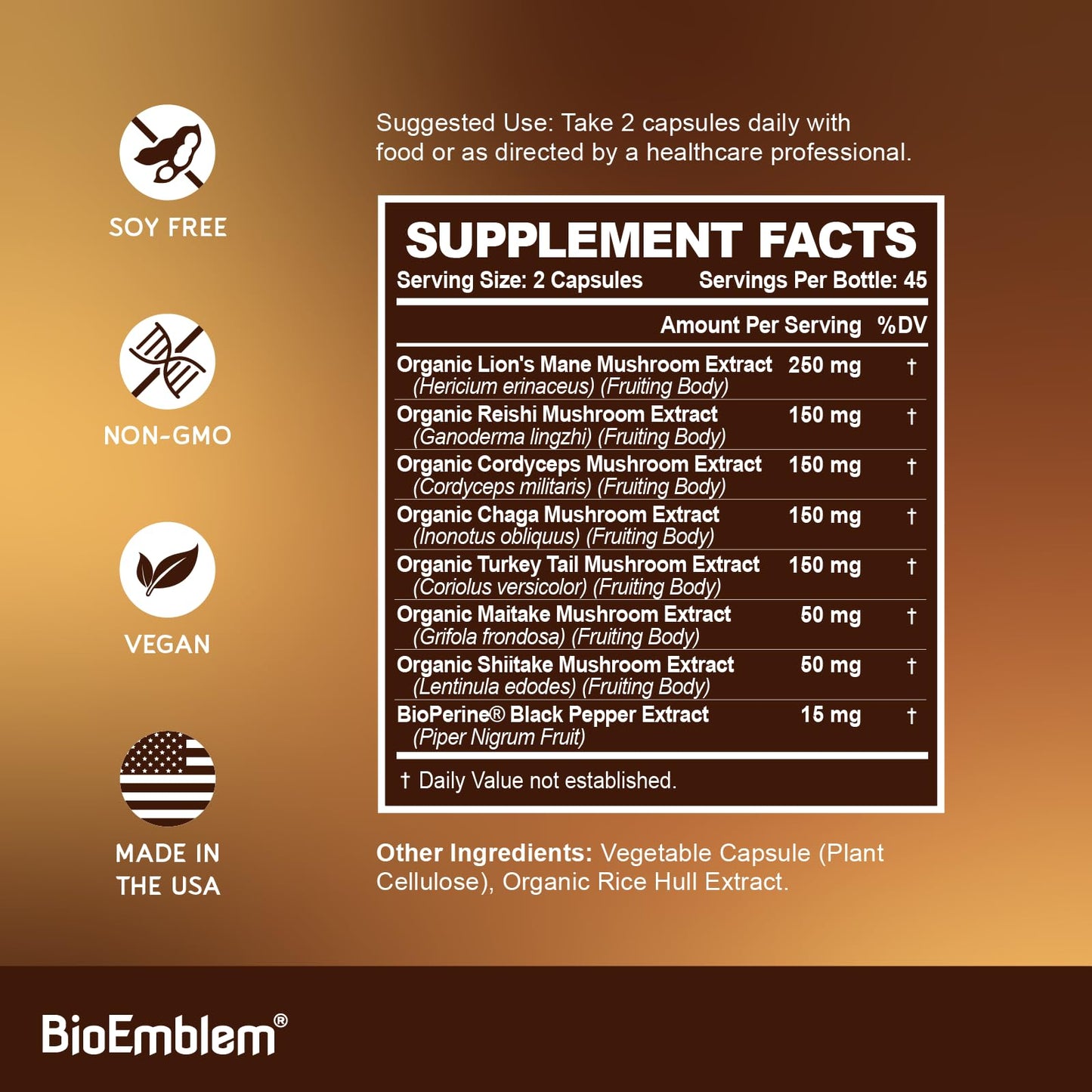 BioEmblem Mushroom Complex - 10:1 Strength and 7 Species - Lions Mane, Reishi, Cordyceps, Chaga, Maitake, Shiitake Mushroom Supplement - Immunity, Energy & Focus, Brain - Non-GMO, Vegan - 90 Capsules