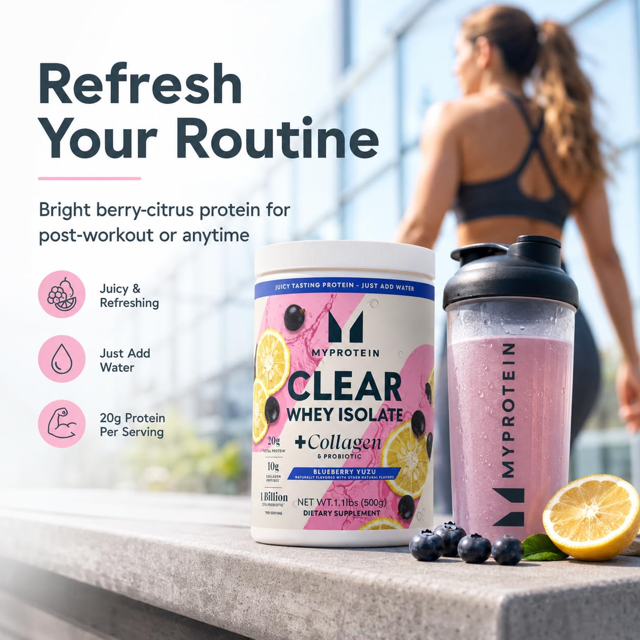 Myprotein Clear Whey Isolate + Collagen & Probiotic Blueberry Yuzu Clear Protein Powder, 17.6 oz
