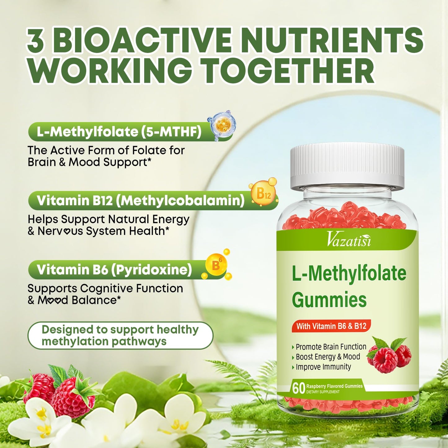 Vazatisi L-Methylfolate 15 mg Gummies with Methyl B12, Folate Supplement for Mood, Brain Health, Immune Support, Raspberry Flavor, 120 Count