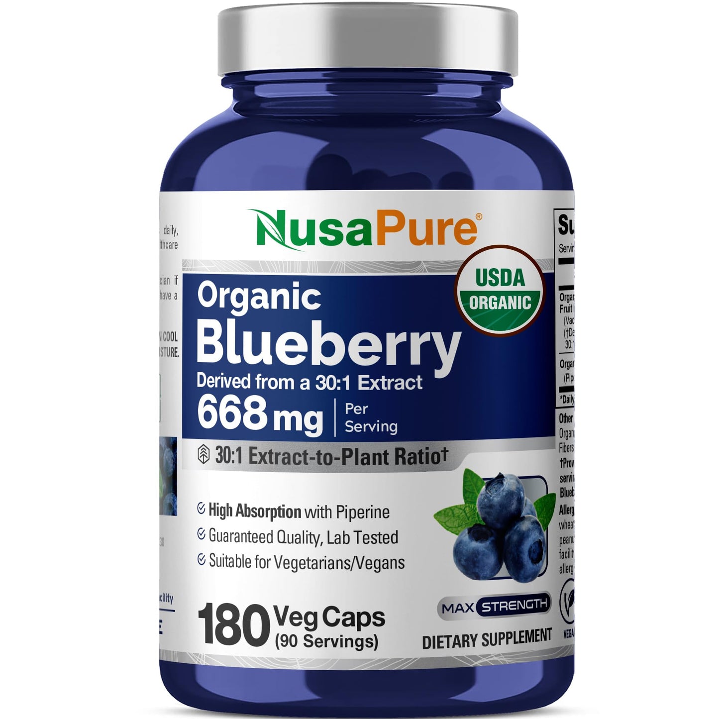 NusaPure Organic Blueberry Capsules 180 Count