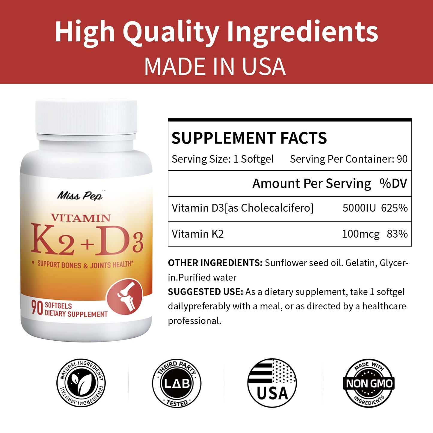 Misspep Vitamin D3 K2 5000 IU D3 and 100 mcg K2 MK-7, Sunflower Oil Capsule, 90 Capsules
