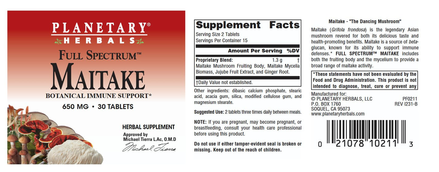 Planetary Herbals Full Spectrum Maitake Mushroom 650mg - 30 Tablets