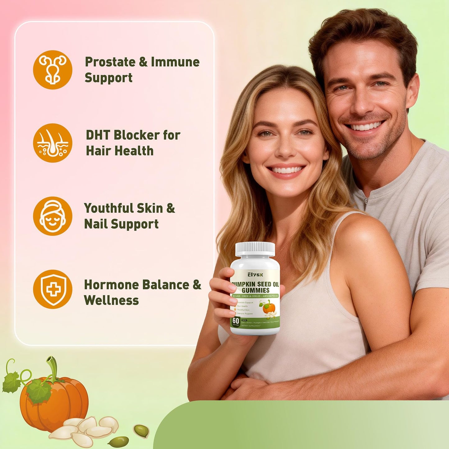 Elysx DHT Blocker Gummies with Pumpkin Seed Oil & Saw Palmetto, Biotin, Hair and Skin Health, 60 Gummies
