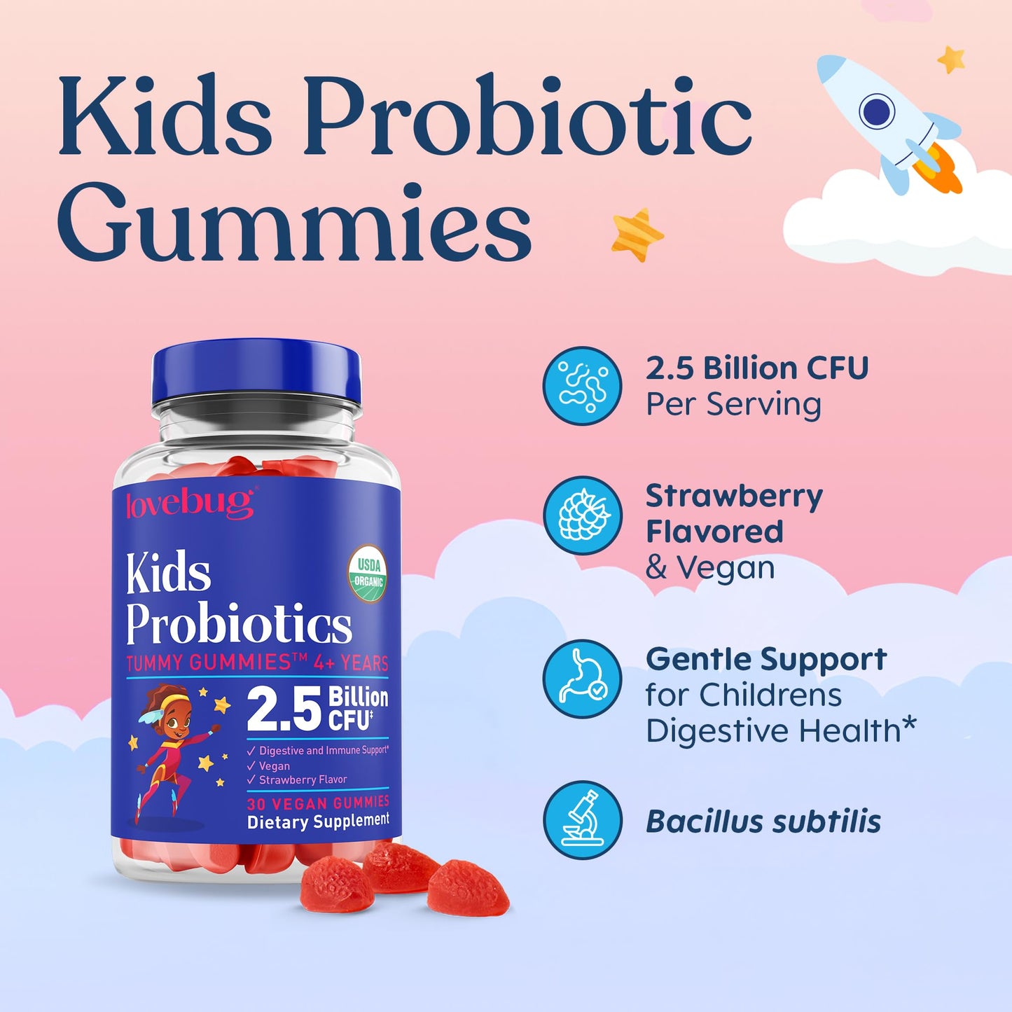 LOVEBUG Kids Probiotic Gummies 30 Count, Organic Chewable Probiotics for Kids Aged 4+, Strawberry