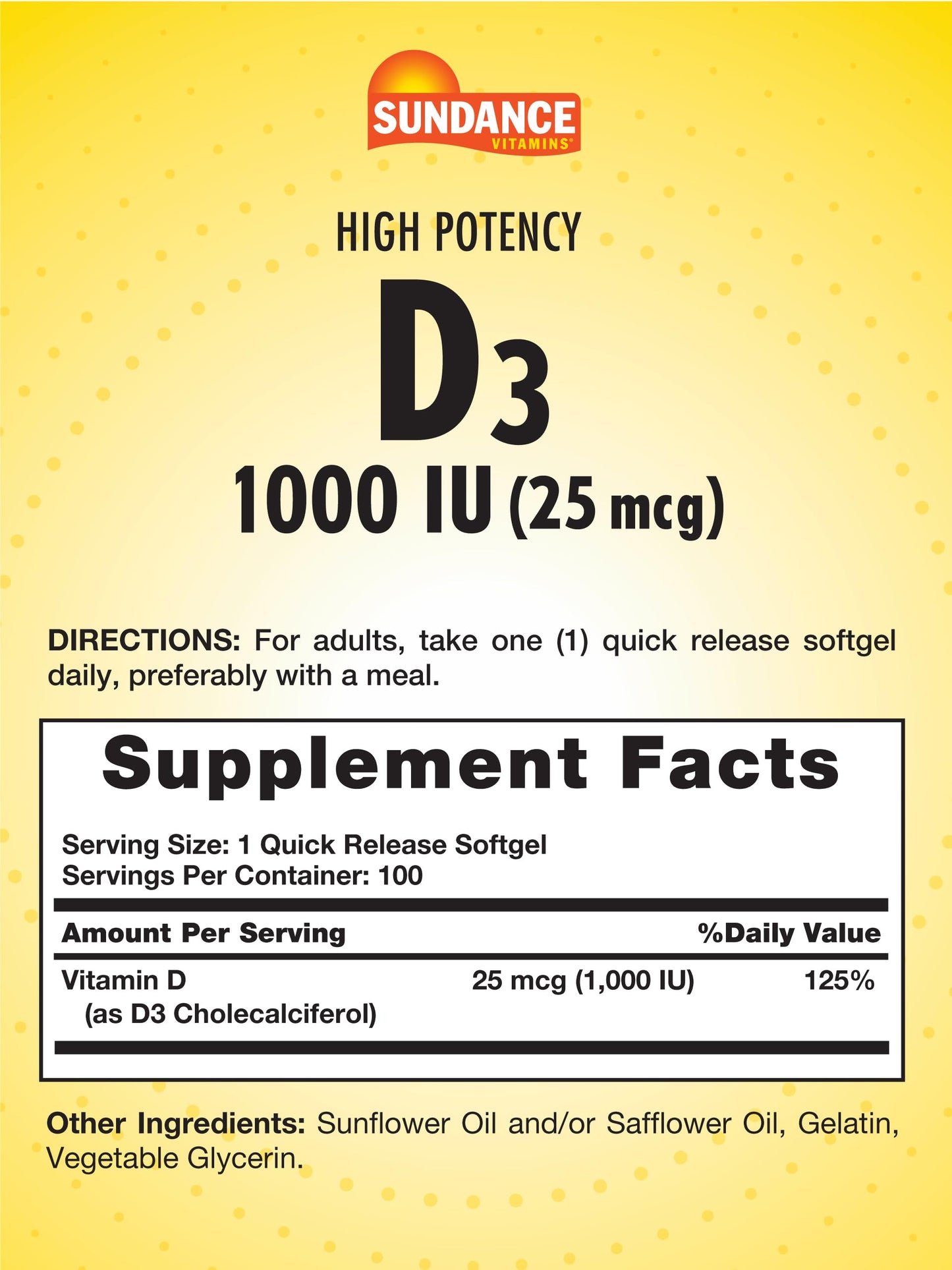 Sundance Vitamin D3 1000 IU 25 mcg High Potency Formula Softgels, 100 Count