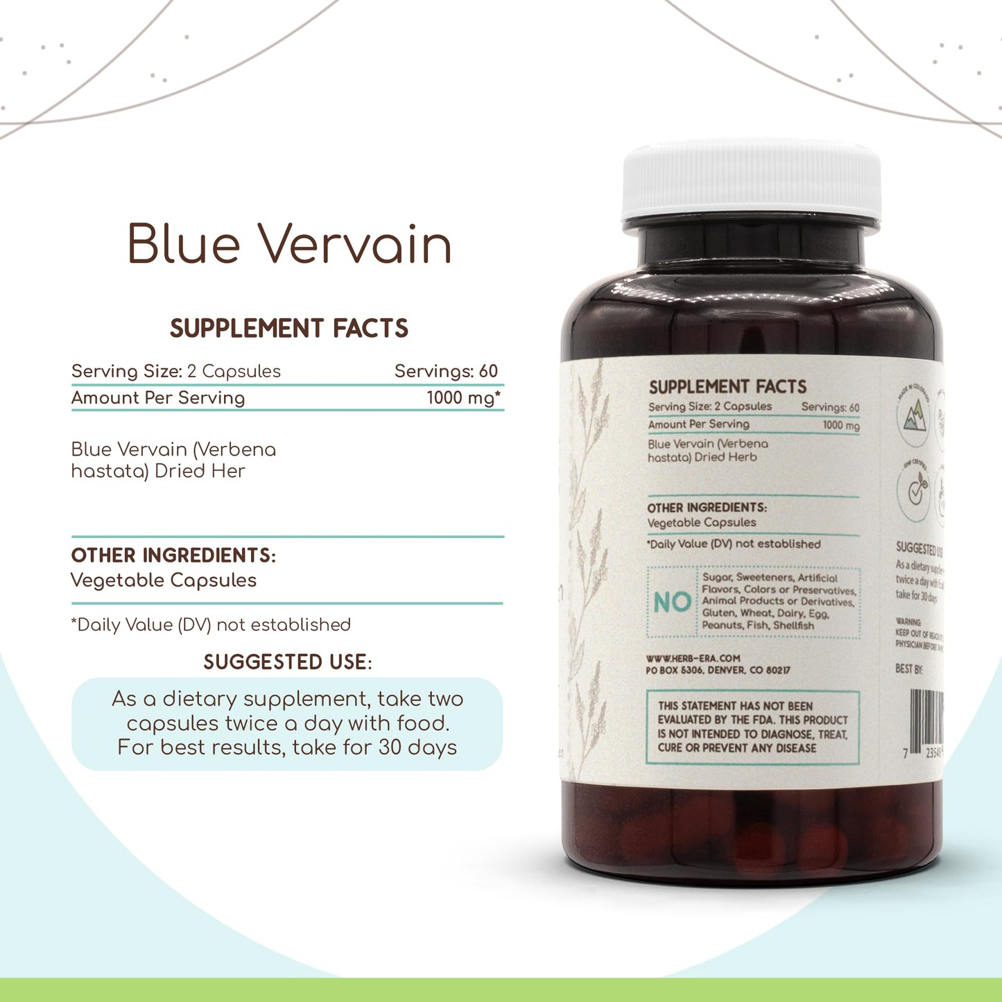HerbEra Blue Vervain 500 mg Capsules, 120 Count