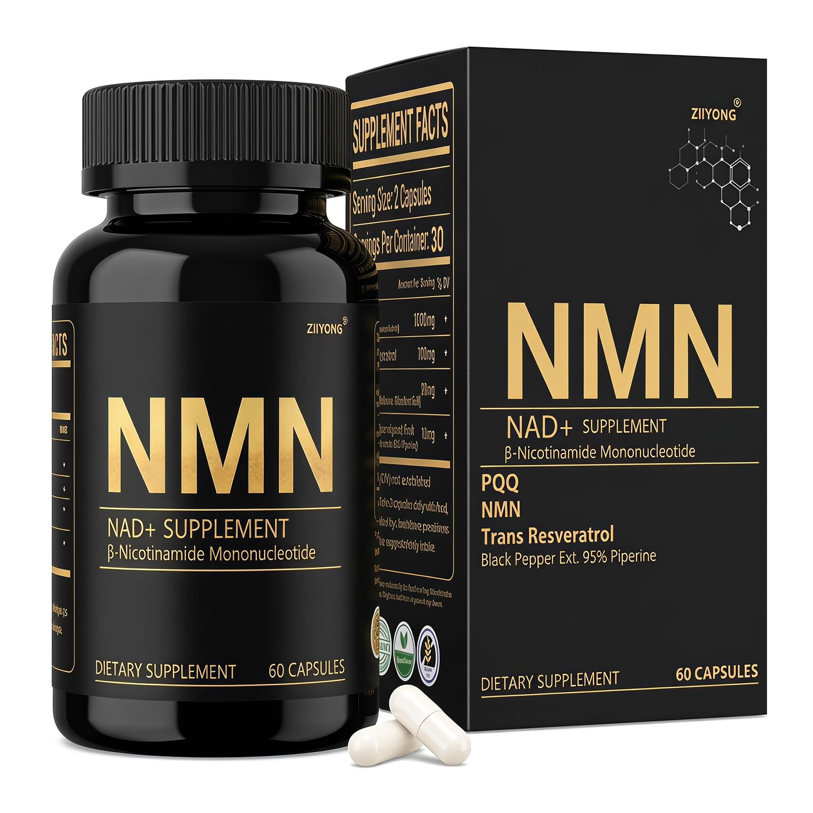 ZIIYONG NMN Supplement 1000mg Pure Organic 4-in-1 NAD+ Booster with Resveratrol, PQQ & Black Pepper Extract, 60 Capsules