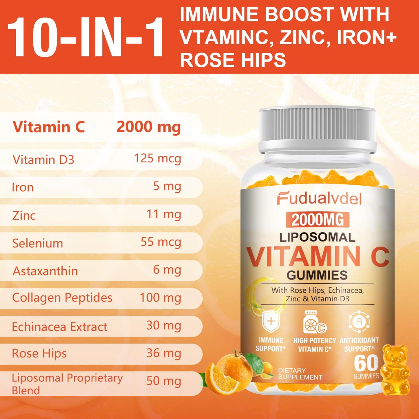 Fudualvdel Liposomal Vitamin C Gummies 2000mg, 60 Count