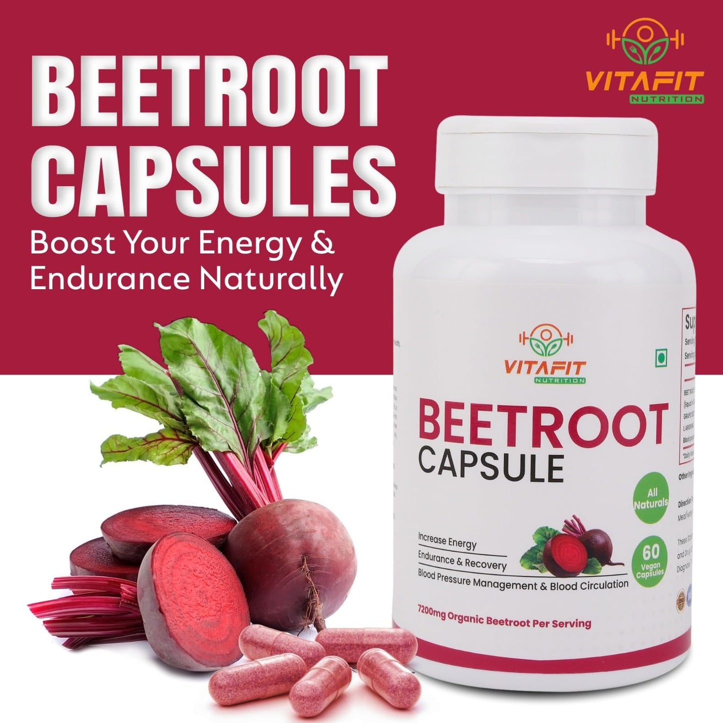 VITAFIT NUTRITION Beetroot Capsules 7200mg, 60 Capsules