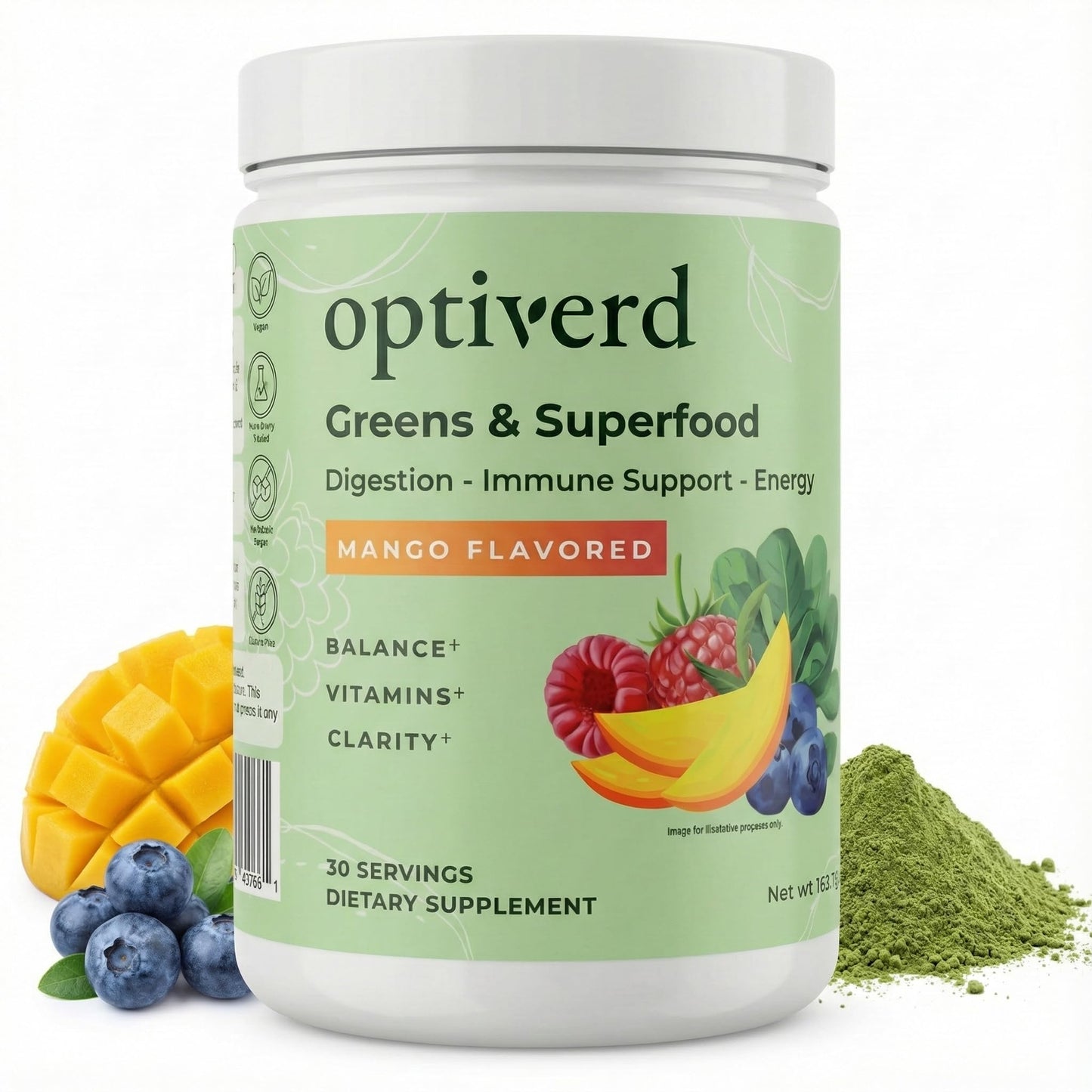Optiverd Greens Superfood Powder with Probiotics & Enzymes – Mango Flavor – 27 Ounce