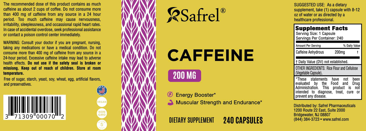 Safrel Caffeine 200mg Capsules, 240 Count