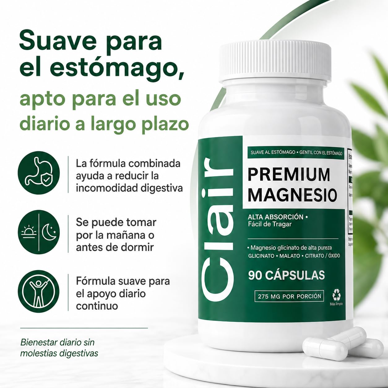 alzclipp Clair Magnesio Premium Magnesium with B6, D3, Zinc, 4-In-1 Blend Capsules, 90 Count
