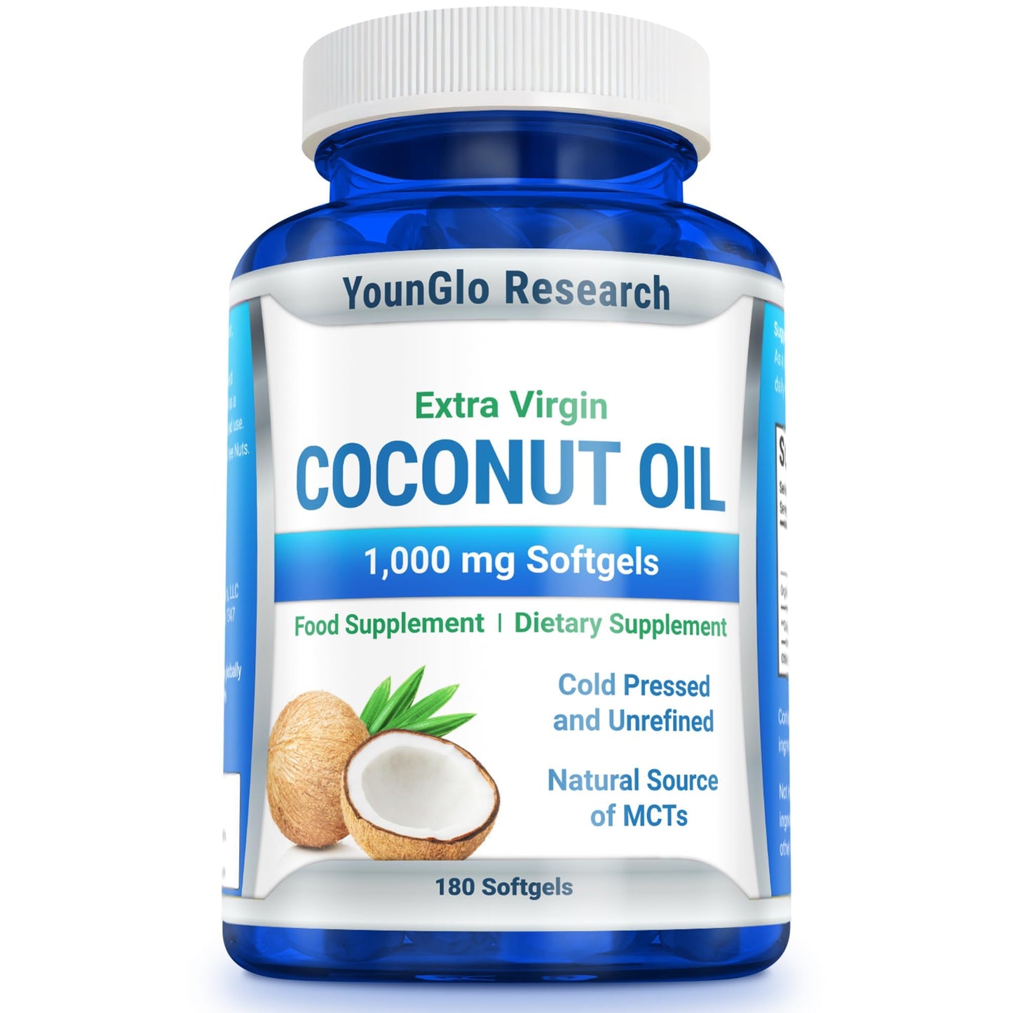 YounGlo Research Coconut Oil 1000 mg 100% Cold-Pressed Organic Extra Virgin Coconut Oil Softgel 180