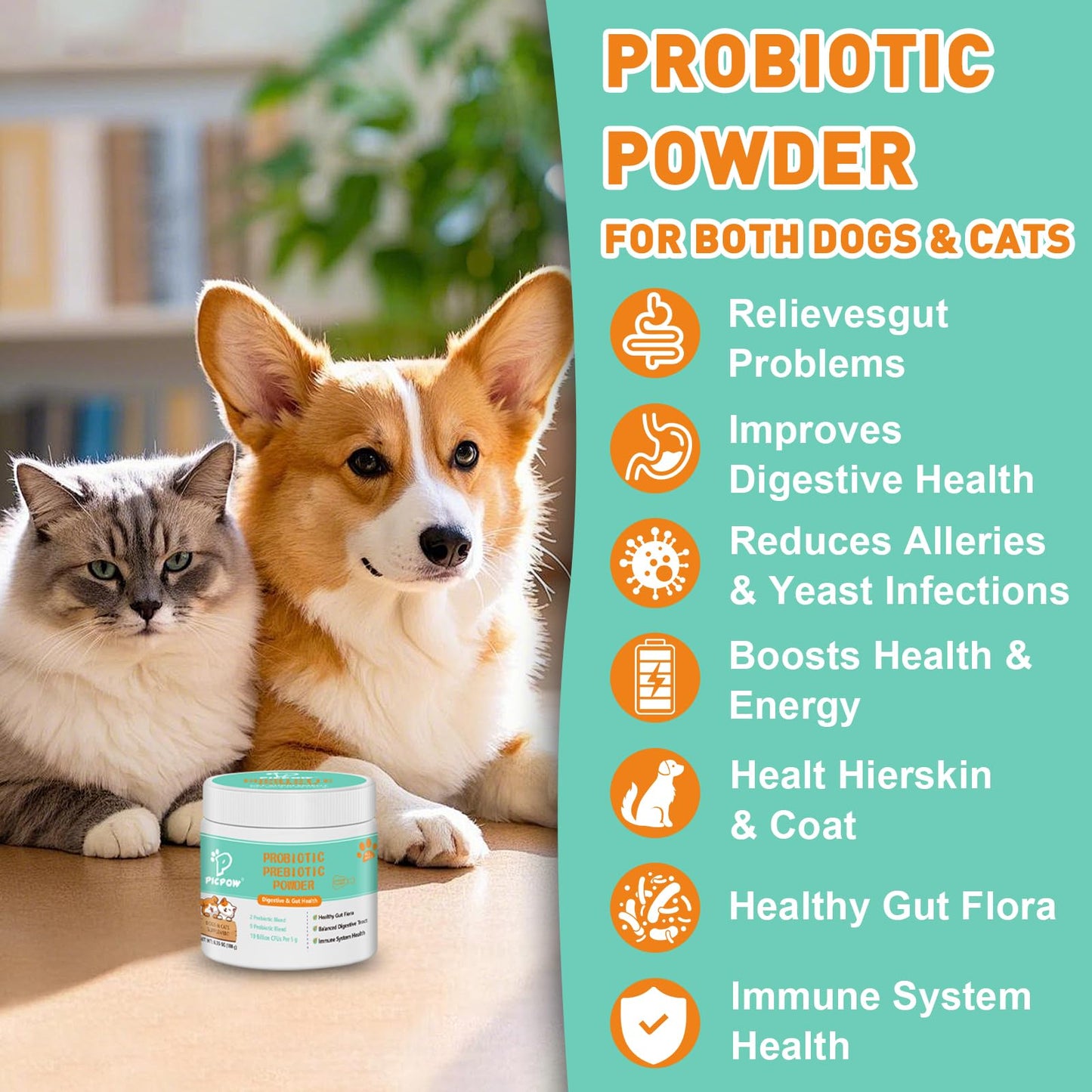 PICPOW Probiotic Tablet for Dogs & Cats, 10 Billion CFU, with Digestive Enzymes & Prebiotics, Digestive Health & Immune Support, 1 Tablet
