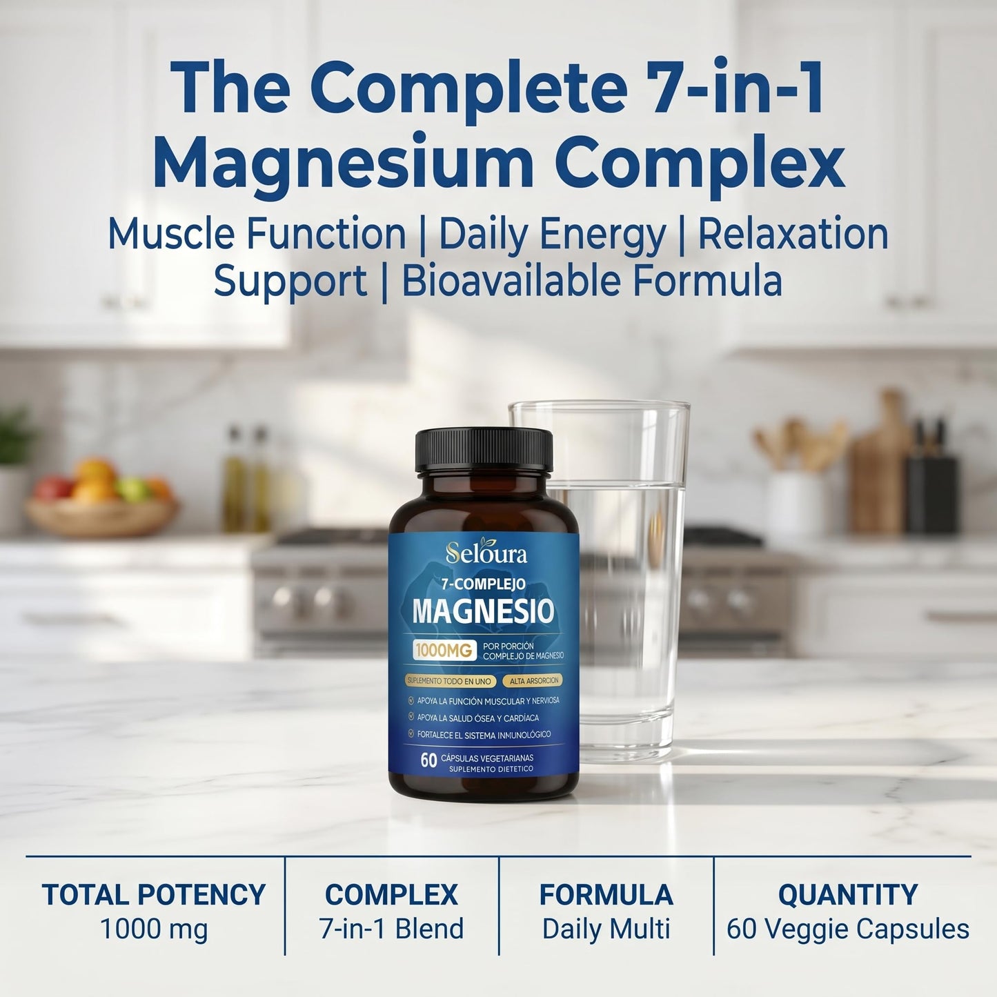 Awtse Seloura Magnesio 7 Complejo – Magnesium Glycinate Malate Taurate Blend for Muscle Function & Daily Energy Support, Bioavailable Mineral Formula, 60 Capsules